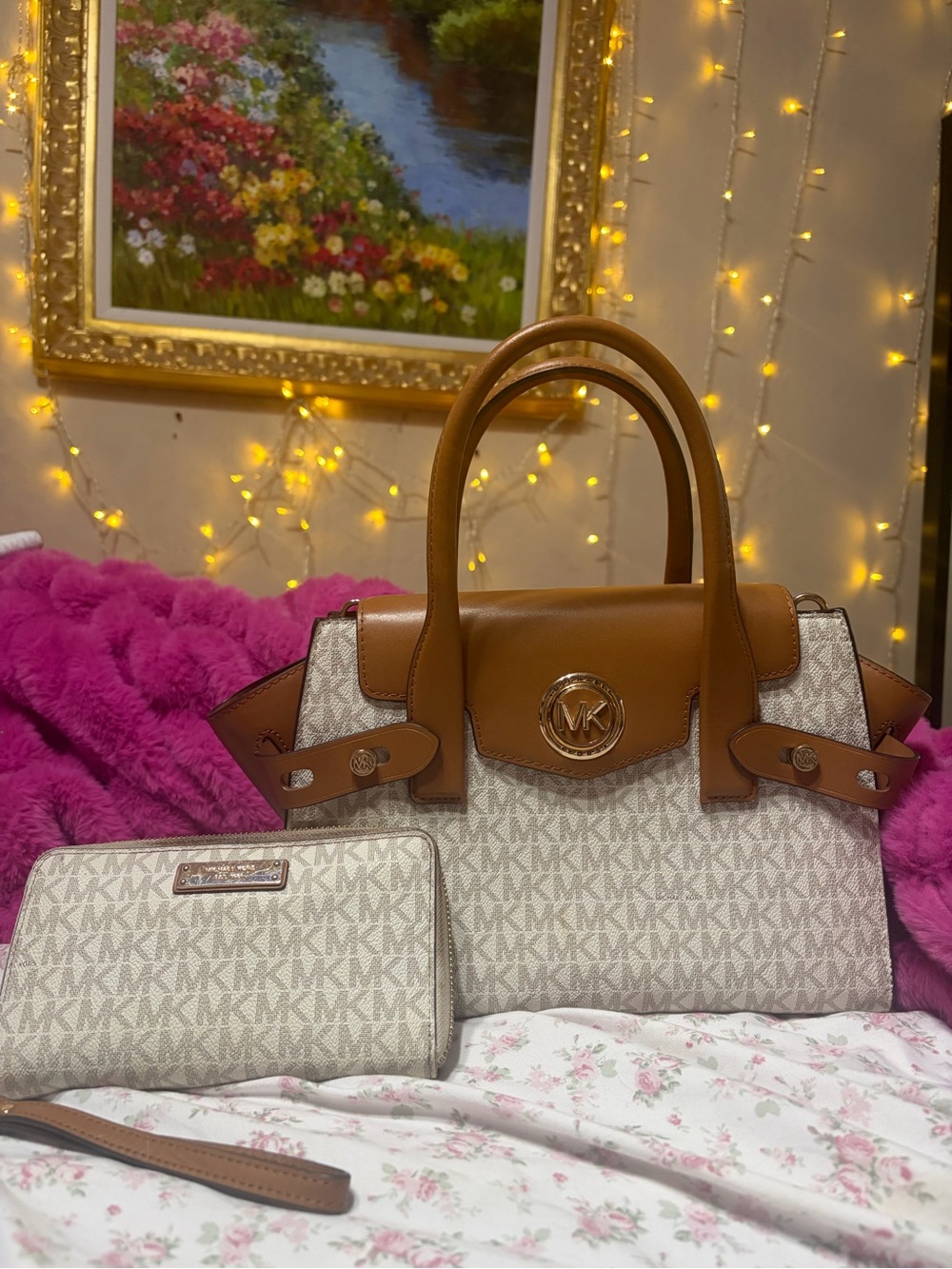 Michael Kors Beige and Brown Signature Satchel with Wallet